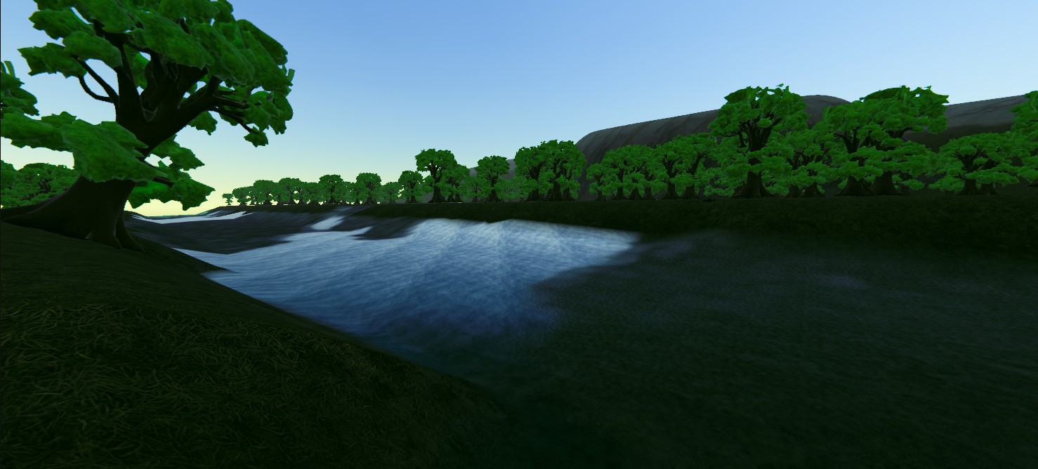 Worldis procedural landscape with a lake surrounded by dense forest and mountains